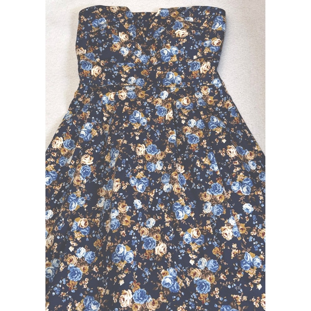 Rarity Corner Strapless Floral Dress Blue Rose Print Fit Flare Size Large